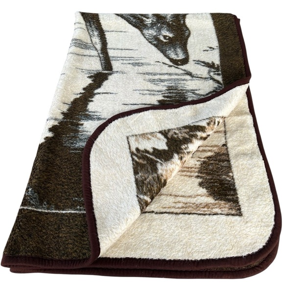 VTG San Marcos Drinking Deer Meadow Birds Reversible Plush Blanket Brown 56x85 - Picture 12 of 13